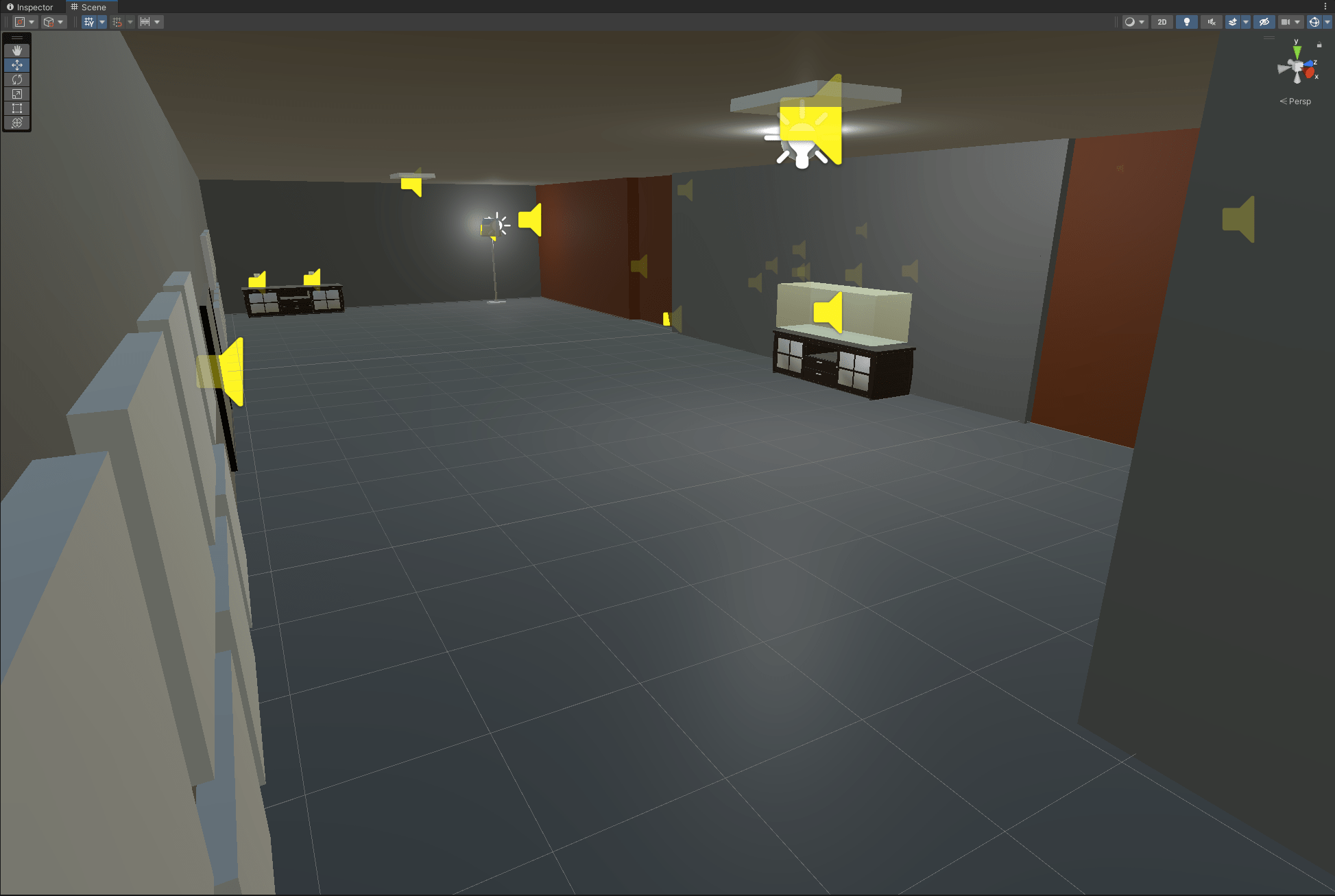 Die Umgebung von Dreamtrip Experience visuell dargestellt: Ein virtuelles 3D Labor mit Icons, welche Soundquellen darstellen.