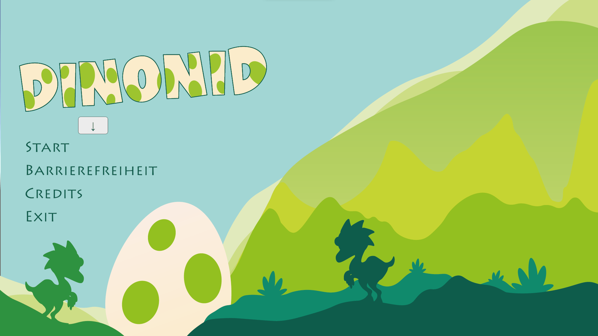 Das Spielmenü von Dinonid. Im Hintergrund stehen zwei Dino-Silhouetten, getrennt von einem riesigen Ei. Das Menü zeigt die Spieloptionen "Start, Barrierefreiheit, Credits und Exit".