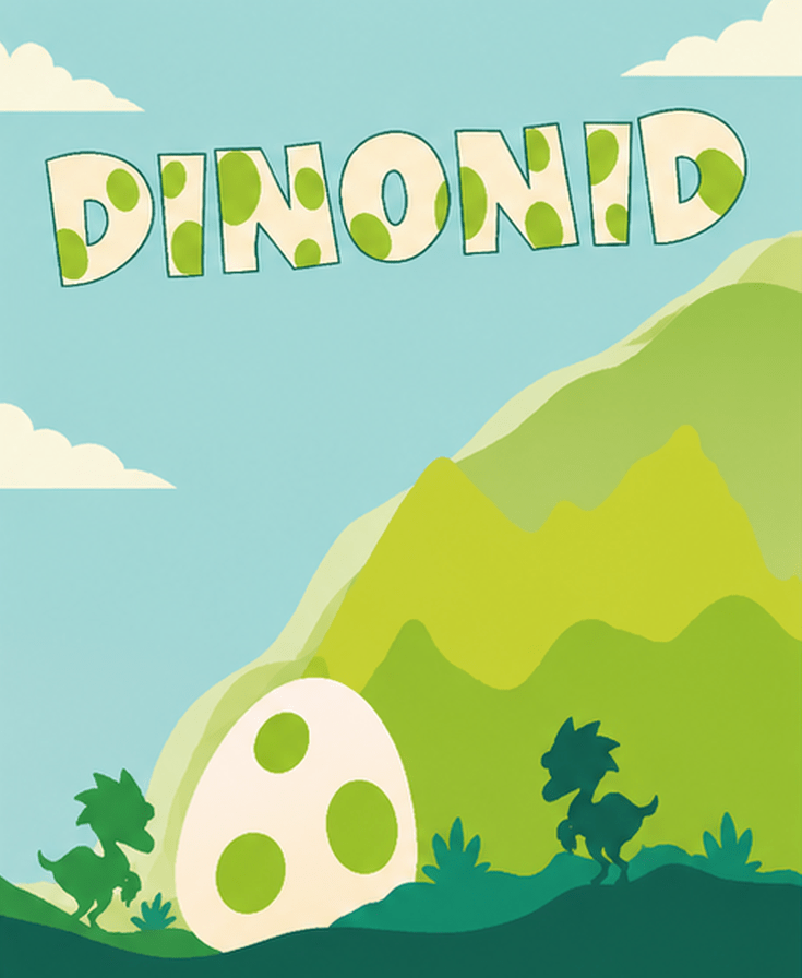 Das Spielmenü von Dinonid. Im Hintergrund stehen zwei Dino-Silhouetten, getrennt von einem riesigen Ei. Das Menü zeigt die Spieloptionen "Start, Barrierefreiheit, Credits und Exit".